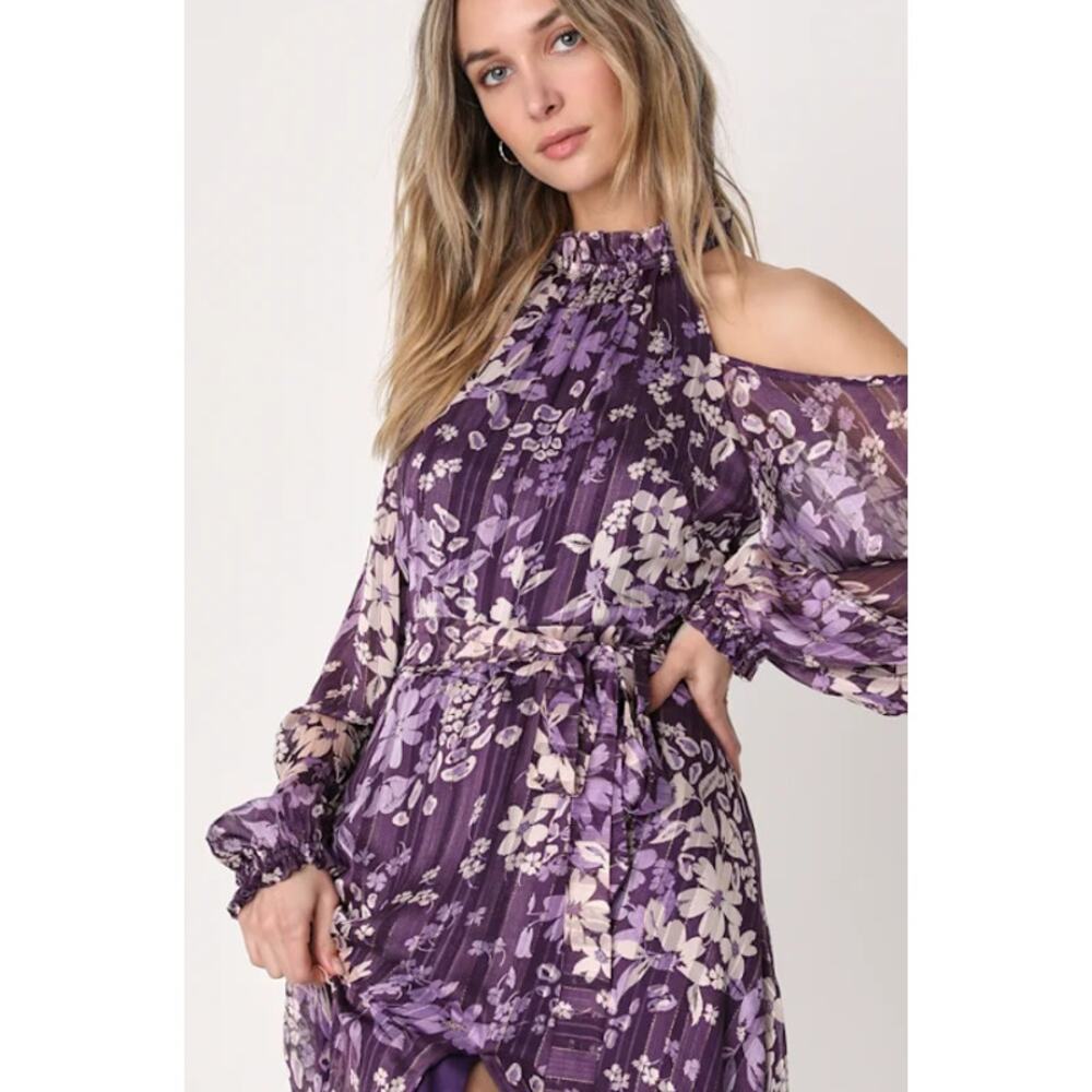 Lulus Storybook Sweetheart Cold Shoulder Midi Dress Floral Halter Ruffle Belted - Picture 2 of 13